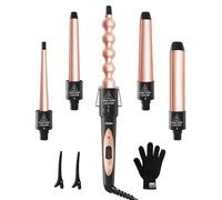 5 in 1 Curling Wand Set, Ohuhu Interchangeable Ceramic Barrels Curling Iron (9-32mm), Fast Heating Lightweight Dual Voltage Hair Curler for Home & Travel with Heat Glove & Clips, Gift for Women