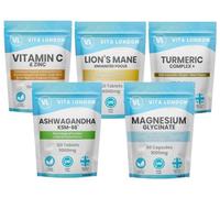 5-in-1 Fab Vitality Wellness Bundle - Ashwagandha, Magnesium, Vitamin C, Lion’s Mane & Turmeric - 5 Pouch Supplement Set - Vegan, UK Made Capsules & Tablets