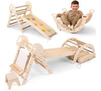 5-in-1 Indoor Climbing Frame for Toddlers -Triangle Ladder, Climbing Arch, Balance, Cushion & Art Addition Montessori Climbing Frame, Kids Wooden Gym, Foldable Climbing Toys for Kids 1-3 Age