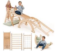 5-in-1 Indoor Climbing Frame for Toddlers - Wooden Triangle, Arch & Climbing Ramp & Net & Cushion, Montessori Climbing Frame, Kids Wooden Gym, Foldable Climbing Toys for Kids 1-5 Age