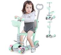 5 in 1 Kick Scooter for Kids with LED Lights, Adjustable Height Kick Scooter for Girls & Boys Birthday Gifts, 3 Wheel Sit or Stand Ride Brake Removable Seat and Push Rod Indoor Outdoor Toys, Green
