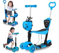 5 in 1 Kids Flash LED Light Scooter 3 Wheel Adjustable Push Kick Scooter W/Seat (Blue)