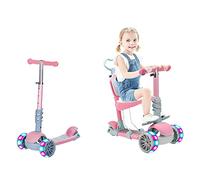 5 in 1 Kids Kick Scooter 3 Wheel Push Scooters with Height Adjustable Foldable Seat Folding Scooter Flashing PU Wheels Sit Stand Lean-to-Steer for Toddlers Boys Girls (Pink)