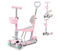 5-in-1 Kids Scooter, 3 Wheel Height-adjustable Kick Scooter, with Removable Seat & Push Handle, LED Light Up Wheels for children boys girls (Light Pink)