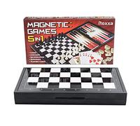5 in 1 Mini Board Games Set: Magnetic Chess, Draughts, Checkers, Dominoes, Backgammon, Playing Cards