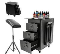 5 in 1 Professional Rolling Tattoo Train Case with 3 Drawers, Lockable, Adjustable Armrest, Portable Work Station for Tattoo Artists, 360° Swivel Wheels