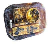 5-in-1 Rolling Accessories Set with Metal Rolling Tray, Refillable Petrol Lighter (Without Fuel), Metal Smoking Pipe, Plastic Crusher and 3-in-1 Cone Holder for Rolling Enthusiasts (Golden Rich Dog)