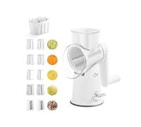 5-in-1 Rotary Cheese Grater and Vegetable Slicer - Upgraded Gourmet Hand Crank Grater with 5 Interchangeable Blades, Multi-functional Easy to Clean Kitchen Gadget with Storage Box (White)