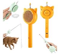 5-in-1 Self-Cleaning Pet Grooming Brush with Retractable Cat Toy & Teaser - Hair Remover Comb for Cats & Dogs, Shedding Brush for Long & Short Hair Pets, USB Rechargeable (Yellow)