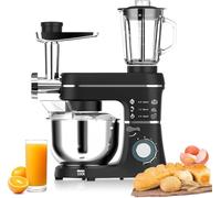 5-IN-1 Stand Mixer, with 6 Speed Tilt-Head, 10L Fermenta-tion Electric Kitchen Mixer with Stainless Steel Bowl, 1.5L Glass Jar, Meat Grinder, Dough Hook, Whisk, Juice Blender, Pasta Attachment black