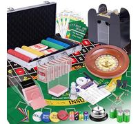 5 in 1 Super Casino Game Set: Blackjack/Texas Hold'em/Roulette/Craps/Poker Kit, 10" Wooden Roulette Wheel, Carrying Case with 360 Plastic Chips, 6 Deck Shuffler, 2 Double-Sided Rubber Mat And More
