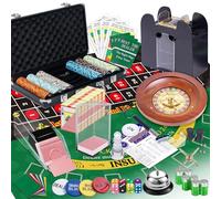 5 in 1 Super Pro Casino Game Set: Blackjack/Texas Hold'em/Roulette/Craps/Poker Kit, 10" Wooden Roulette Wheel, Carrying Case with 300 Clay Chips, 6 Deck Shuffler, 2 Double-Sided Rubber Mat And More