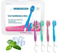 5 in 1 Toothbrush & Floss, Portable Pre-Pasted Mini Travel Toothbrush Set with Floss, Pick & Tongue Scraper, Disposable Mini Toothbrushes On The Go, for Travel, Camping (1)
