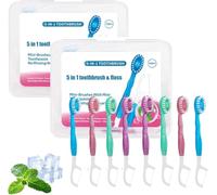 5 in 1 Toothbrush & Floss, Portable Pre-Pasted Mini Travel Toothbrush Set with Floss, Pick & Tongue Scraper, Disposable Mini Toothbrushes On The Go, for Travel, Camping (2)
