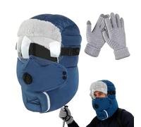 5-in-1 Waterproof Winter Trapper Hat with Ear Flaps & Detachable Face Mask, Windproof Full-Cover Balaclava for Men & Women, Fleece-Lined Cold Weather Hat for Skiing Cycling Hunting Fishing (Blue)