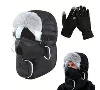 5-in-1 Waterproof Winter Trapper Hat with Ear Flaps & Detachable Face Mask, Windproof Full-Cover Balaclava for Men & Women, Fleece-Lined Cold Weather Hat for Skiing Cycling Hunting Fishing (Black)