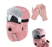 5-in-1 Waterproof Winter Trapper Hat with Ear Flaps & Detachable Face Mask, Windproof Full-Cover Balaclava for Men & Women, Fleece-Lined Cold Weather Hat for Skiing Cycling Hunting Fishing (Pink)