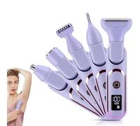 5-in-1 Women Electric Razor, Led Display IPX7 Waterproof Bikini Trimmer, Wet & Dry Use Painless Trimmer Groomer for Face Body Legs, Rechargeable Electric Lady Shaver with Replaceable Heads (Purple)