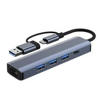 5-in-2 USB Hub with Ethernet, USB 3.0 High Speed Data Transfer, 3 USB Ports, Type-C Connector, 1000Mbps LAN Port, Gray Applicable to Dell/HP/Mac/laptops