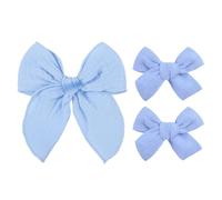 5-Inch Fable Hair Bow Clip Set with 2pcs 3-Inch Boutique Hair Clips for Girls -Handmade Linen Cotton & Matte Ribbon Hair Accessories for Toddlers & Kids （Sky Blue)