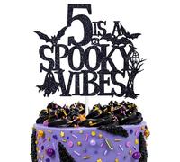5 is a Spooky Vibes Cake Topper, Boo I'm 5, Halloween Bat 5th Birthday Party Decorations Supplies, Black Glitter
