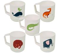 (5) Kids Reusable Plastic Drinking Mugs Cups Handle Assorted Animal Design Set