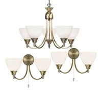 5 Lamp Ceiling & 2X Twin Wall Light Pack Antique Brass Glass Matching Fittings