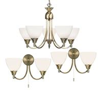 5 Lamp Ceiling & 2x Twin Wall Light Pack Antique Brass Glass Matching Fittings Loops Clear One Size
