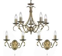 Flush/Hanging 5 Bulb Ceiling & 2X Twin Wall Light Pack | Classic Antique Brass Chandelier Set | Matching Indoor Lamp Fittings | Modern/Vintage Lounge Bedroom Lighting | LED & Dimmable kit