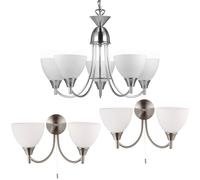 Flush/Hanging 5 Bulb Ceiling & 2X Twin Wall Light Pack | Satin Chrome & Frosted Glass Shade | Matching Indoor Lamp Fittings | Modern/Vintage Lounge Bedroom Lighting Set | LED & Dimmable kit