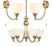 5 Lamp Ceiling & 2X Wall Light Pack Antique Brass Glass Matching Indoor Fittings