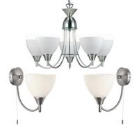 5 Lamp Ceiling & 2X Wall Light Pack Satin Chrome Glass Matching Indoor Fittings