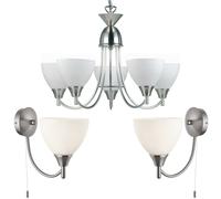 Flush/Hanging 5 Bulb Ceiling & 2X Wall Light Pack | Satin Chrome & Frosted Glass Shade | Matching Indoor Lamp Fittings | Modern/Vintage Lounge Bedroom Lighting Set | LED Compatible & Dimmable kit