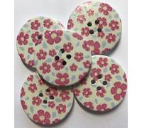 5 Large Round Flat Wooden Buttons 30mm 4 Holes red Flower on a Pale Green Background 3cm Wide
