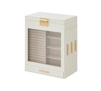 SONGMICS Jewellery Box with Glass Window, 5-Layer Organiser with 3 Side Drawers, Vertical Storage Space, Big Mirror, Modern Style, Cloud White and Gold JBC162W01