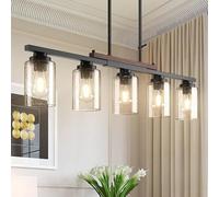 5 Light Chandeliers Ceiling Light,E27 Vintage Rustic Kitchen Lights Ceiling Industrial Metal Glass Hanging Lights, Matte Black Pendant Light for Farmhouse Dining Room Bedroom Hallway Kitchen