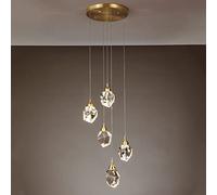5-Light Crystal Chandelier LED Pendant Lighting Ceiling Fixture Copper Hanging Lamp, Stair Chandeliers Modern Suspended Lamps for Living Dining Room Kitchen Island Chaser of Light