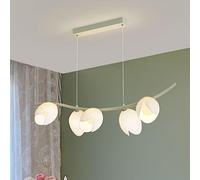 5-Light Green Flower Pendant Lights for Kitchen Island with Milk White Shade - Floral Ceiling Hanging Lamp, Nordic Mid-Century Modern Design, Long Strip Linear Chaner for Dining Room