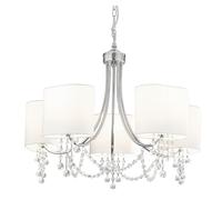 5 Lights Chrome Finish Ceiling Pendant Light with White Shades and Crystal Beads