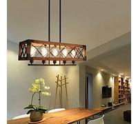 5 Lights Ceiling Hanging Lamp Fixture Rustic Rectangle Farmhouse Chandelier, Metal Wood Dining Room Pendant Light for Entryway, Kitchen Island, Pool Table, Bar Change for the better