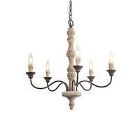 5 Lights Chandelier, hanging light with Wood Frame 5 arms Candles Vintage Fixture Pendant Ceiling lamp Raindrop for Dining Room Kitchen Bedroom Living Room
