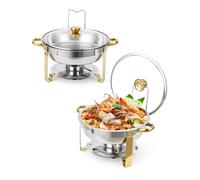 5 Litre Chafing Dish Buffet Set, 2 Pack Round Stainless Steel Chafing Dishes for Buffets with Lid Holder and Glass Lid, Buffet Serving Devices and Warming Container for Parties, Weddings, Dinner