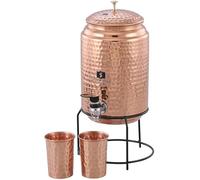5 Litre Copper Water Dispenser with Stand and 2 Glasses/Hammered Texture, Rustproof & Durable | with Added Health Benefits of Copper/Printed Designer Dispenser (Hammered)