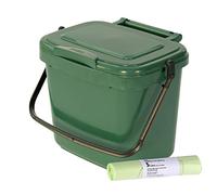 5 Litre Plastic Kitchen Compost Caddy with 50x Tie handle bags, Green