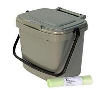 5 Litre Plastic Kitchen Compost Caddy with 50x Tie handle bags, Silver/Grey