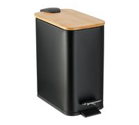 Relaxdays Step Pedal Bin, 5 Litre Capacity, Removable Inside, Square, Bathroom Cosmetic Waste, Metal, Bamboo Lid, Black, Iron, 28.5 x 14.5 x 27 cm
