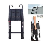 5 m Telescopic Ladder with Removable Hook, Multi-Purpose Ladder for Attic, Climbing Roof, Office Use, Construction Job, Extendable Aluminium Ladder, Non-Slip Steps, 150 kg Load Capacity (Black)