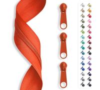 5 m zip endless, spiral 3 mm + 15 sliders/zip, 32 colours, sold by the metre. Orange
