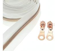 #5 Metallic Nylon Coil Zipper by The Yard, Bulk 10 Yards White Tape Rose Gold Teeth with 25 PCS Rose Gold Zippers Pulls for Sewing, Bags, Purses (White) YIGUANXIN