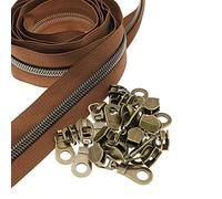 #5 Metallic Nylon Coil Zippers by The Yard,Brown Tape Bulk 10 Yards with 25 PCS Antique Brass Zipper Sliders Pulls,Metallic Teeth Sewing Zippers for DIY Tailor Sewing Crafts Bags Purses SHUNLI